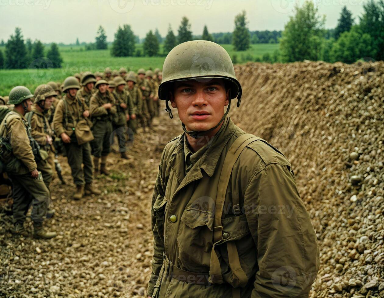 ai generado foto de intenso soldado hombre en Ejército atuendo y casco en grave peligroso guerra caminando en campo, generativo ai