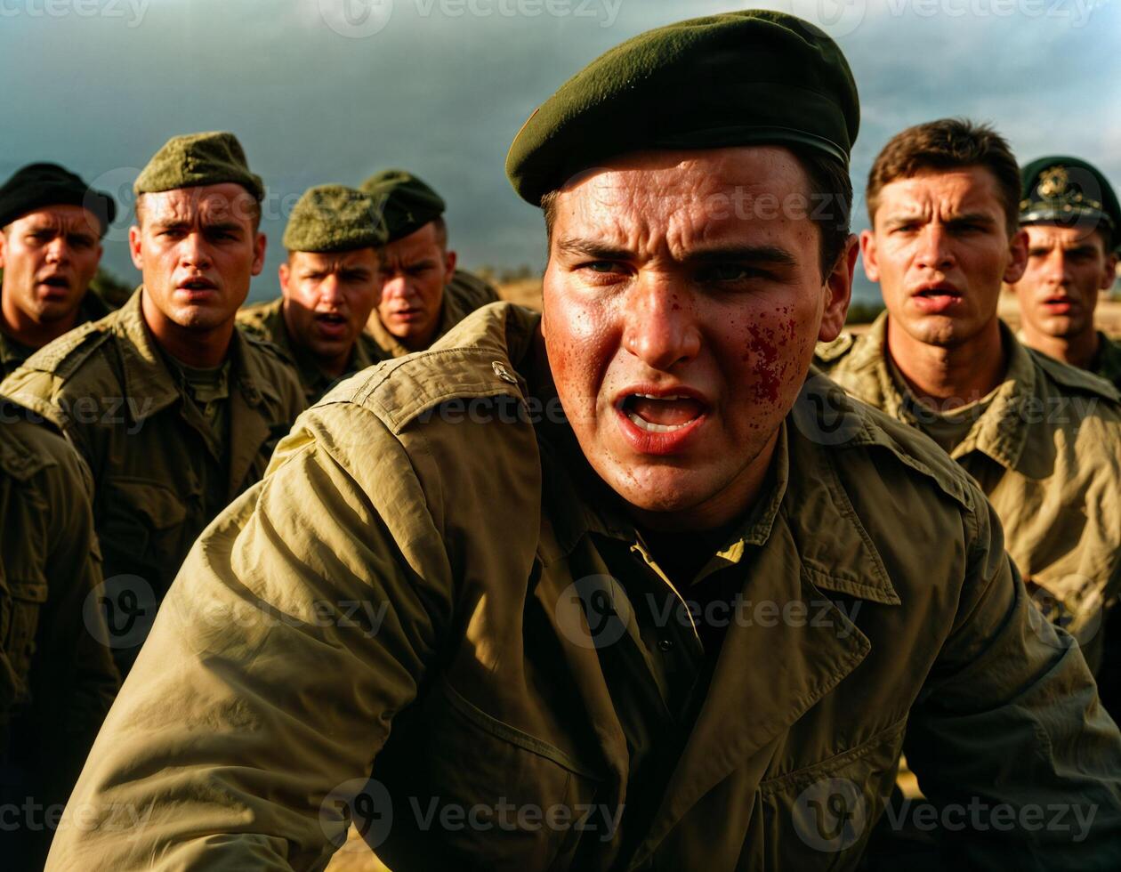 ai generado foto de intenso soldado hombre en Ejército atuendo y casco en grave peligroso guerra discutiendo con otro, generativo ai