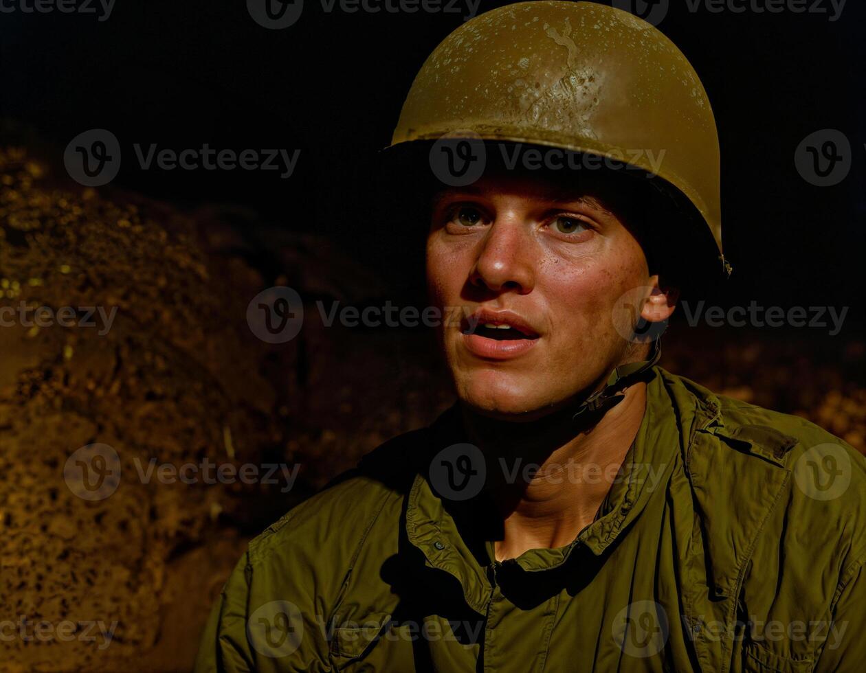 ai generado foto de intenso soldado hombre en Ejército atuendo y casco en grave peligroso guerra a noche, generativo ai