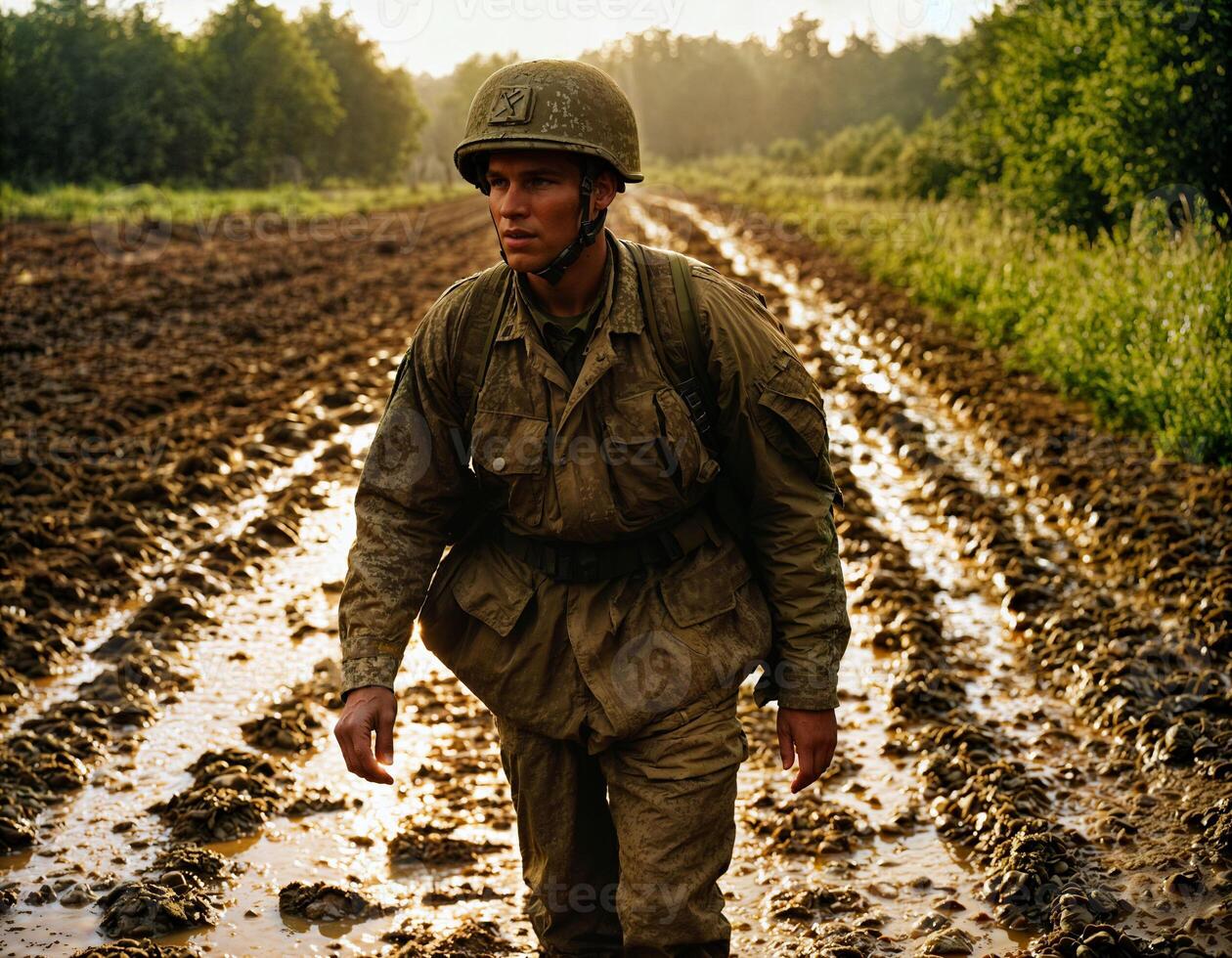 AI generated photo of intense soldier man in army outfit and helmet in serious dangerous war walking on field, generative AI