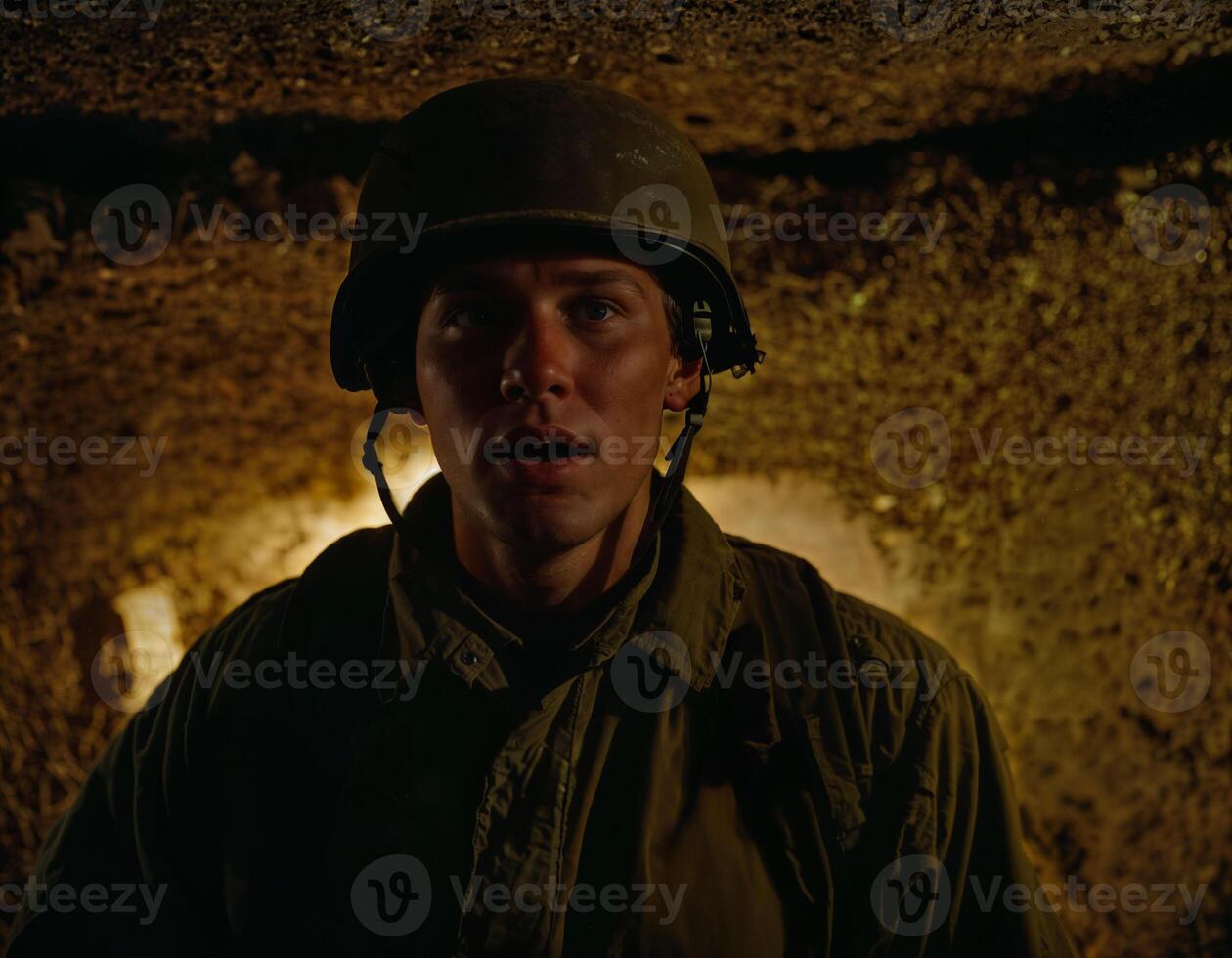 AI generated photo of intense soldier man in army outfit and helmet in serious dangerous war at night, generative AI