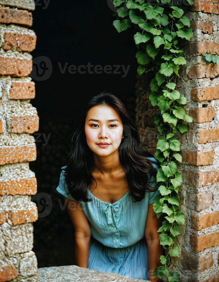 ai generado foto de hermosa asiático mujer en pie a ladrillo pared calle, generativo ai