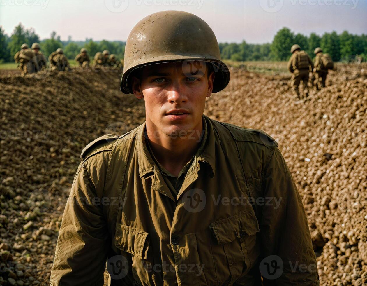 AI generated photo of intense soldier man in army outfit and helmet in serious dangerous war walking on field, generative AI