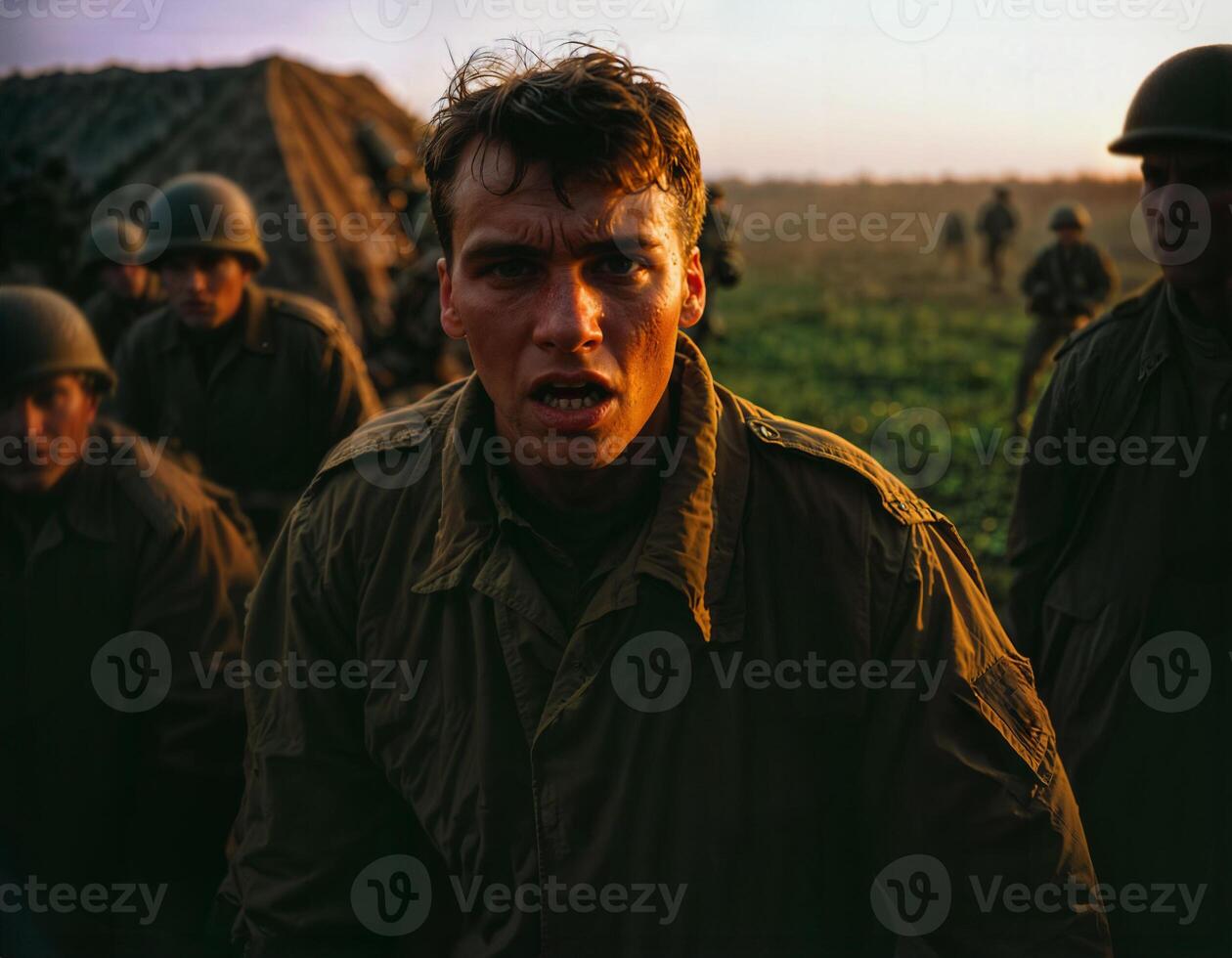 AI generated photo of intense soldier man in army outfit in serious dangerous war, generative AI