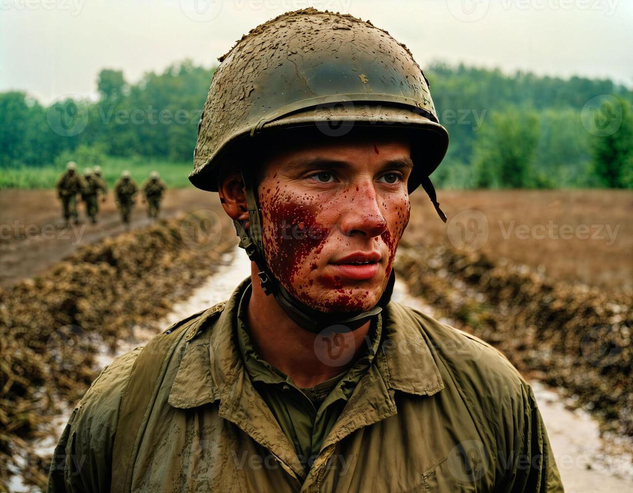 ai generado foto de intenso soldado hombre en Ejército atuendo y casco en grave peligroso guerra caminando en campo, generativo ai