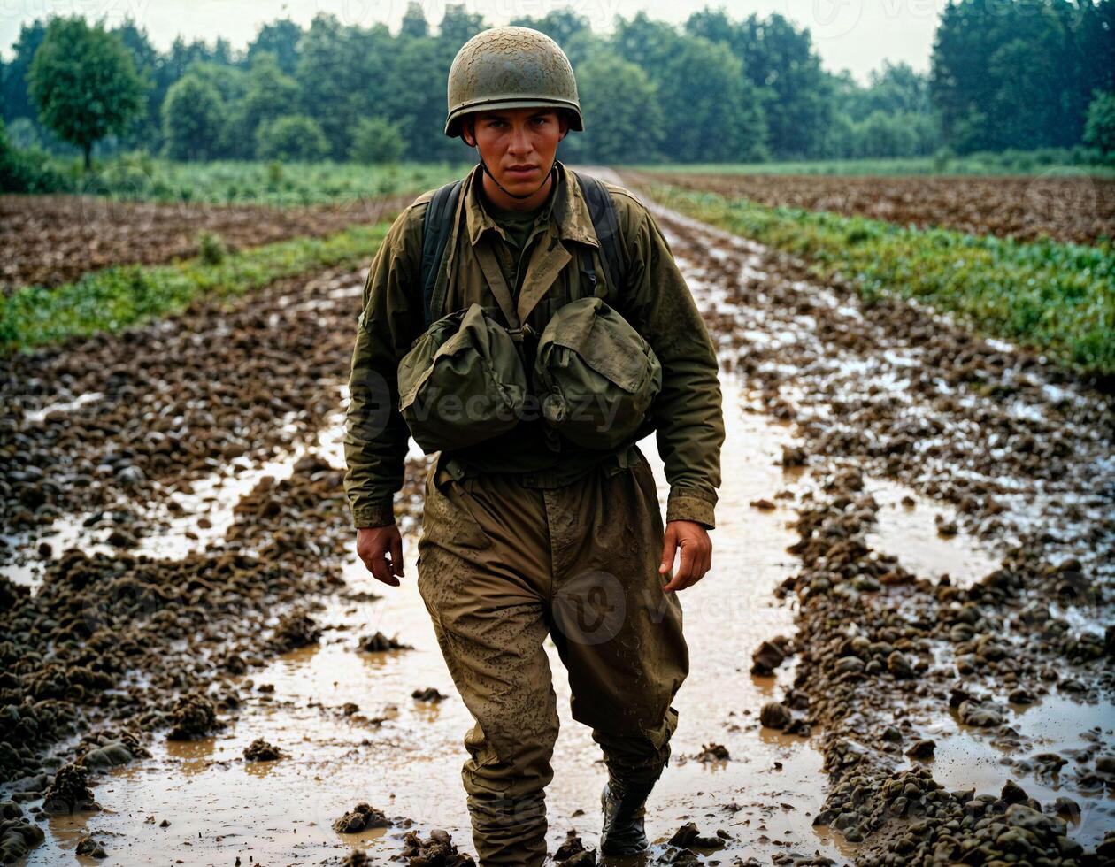 AI generated photo of intense soldier man in army outfit and helmet in serious dangerous war walking on field, generative AI