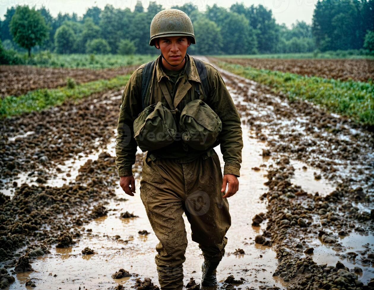 ai generado foto de intenso soldado hombre en Ejército atuendo y casco en grave peligroso guerra caminando en campo, generativo ai