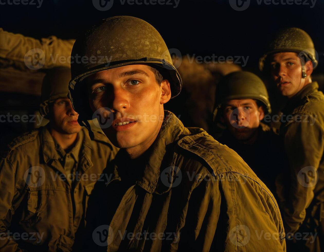 ai generado foto de intenso soldado hombre en Ejército atuendo y casco en grave peligroso guerra a noche, generativo ai