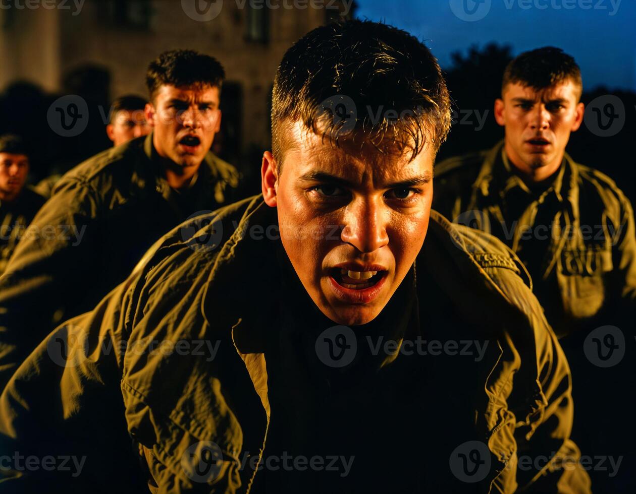 AI generated photo of intense soldier man in army outfit and helmet in serious dangerous war arguing with other, generative AI