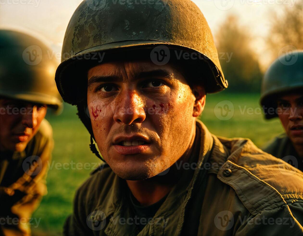 ai generado foto de intenso soldado hombre en Ejército atuendo y casco en grave peligroso guerra discutiendo con otro, generativo ai