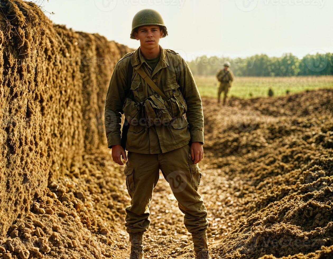 AI generated photo of intense soldier man in army outfit and helmet in serious dangerous war walking on field, generative AI