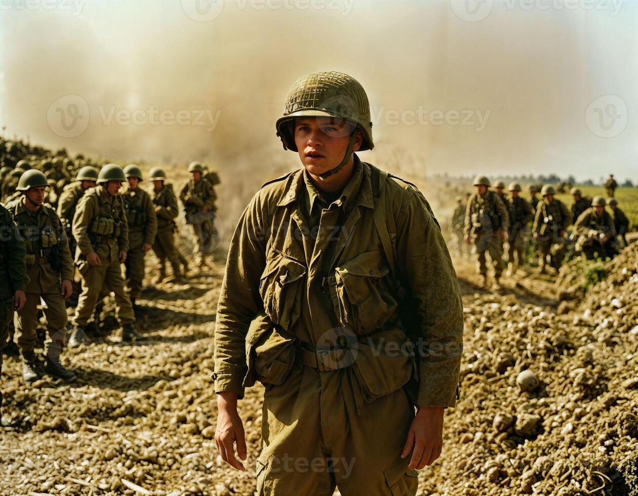 AI generated photo of intense soldier man in army outfit and helmet in serious dangerous war walking on field, generative AI