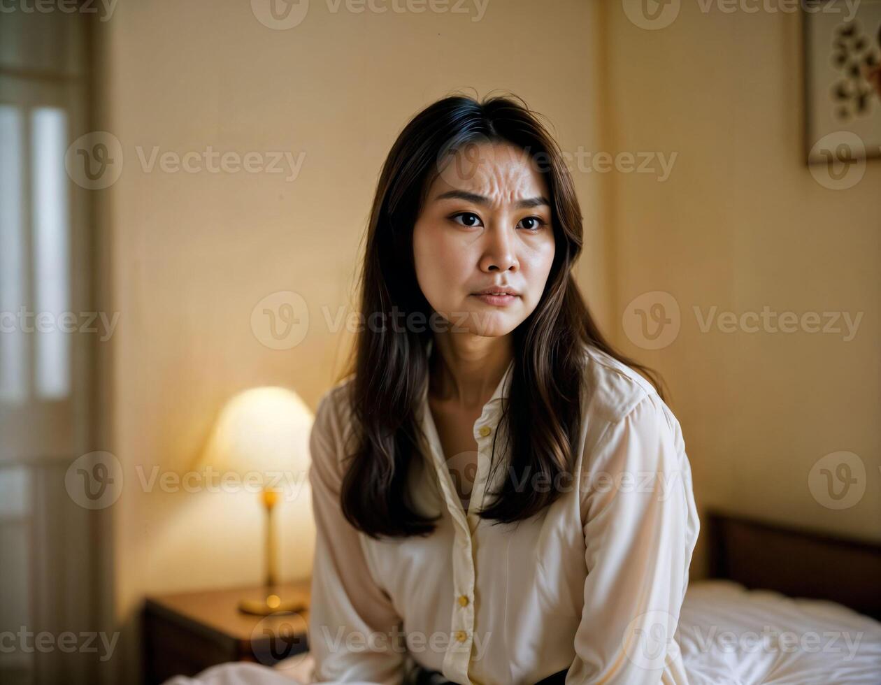 AI generated photo of beautiful asian woman as a wife with curious face feeling at bedroom, generative AI