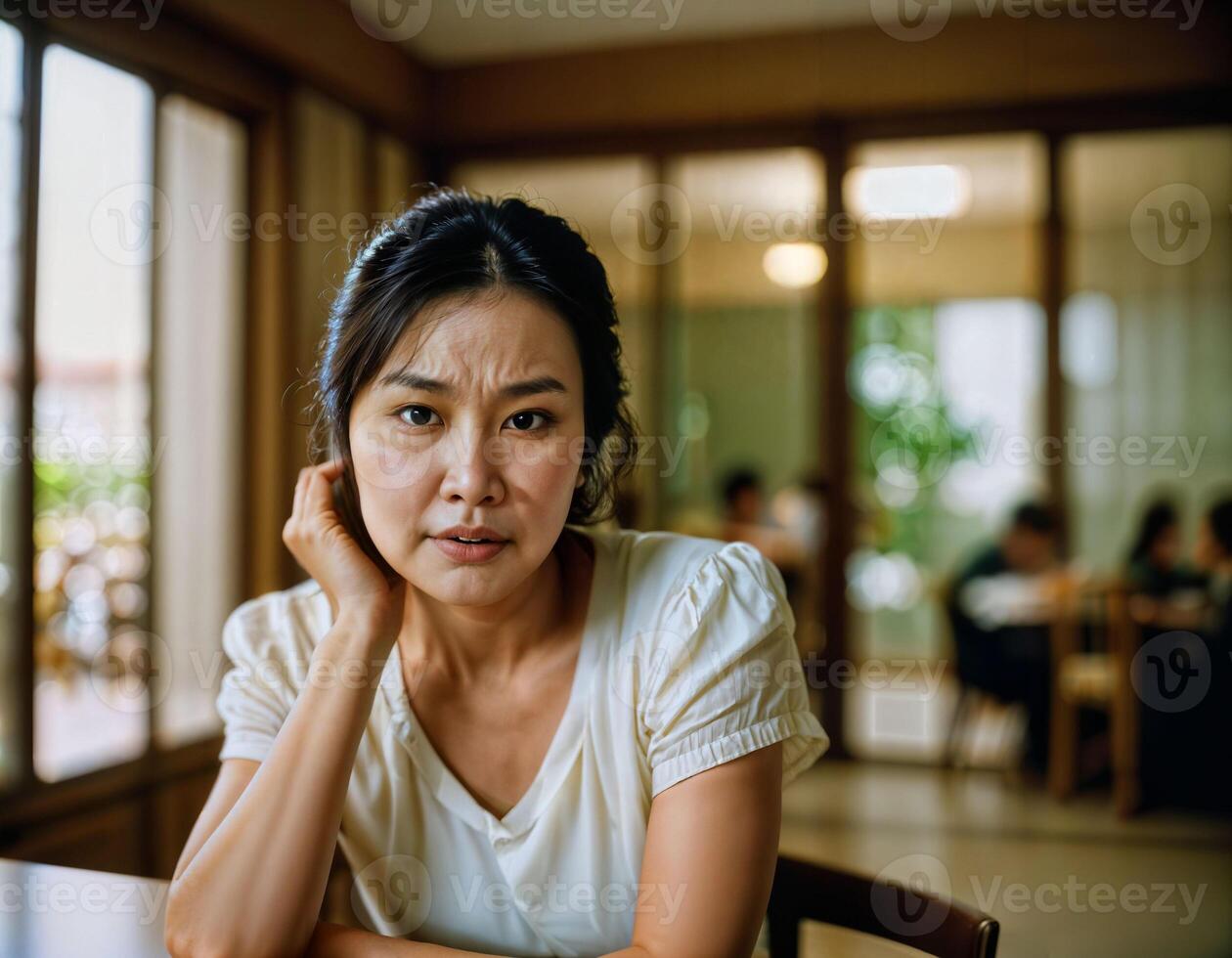 ai generado foto de hermosa asiático mujer como un esposa con curioso cara sensación a Cocina, generativo ai