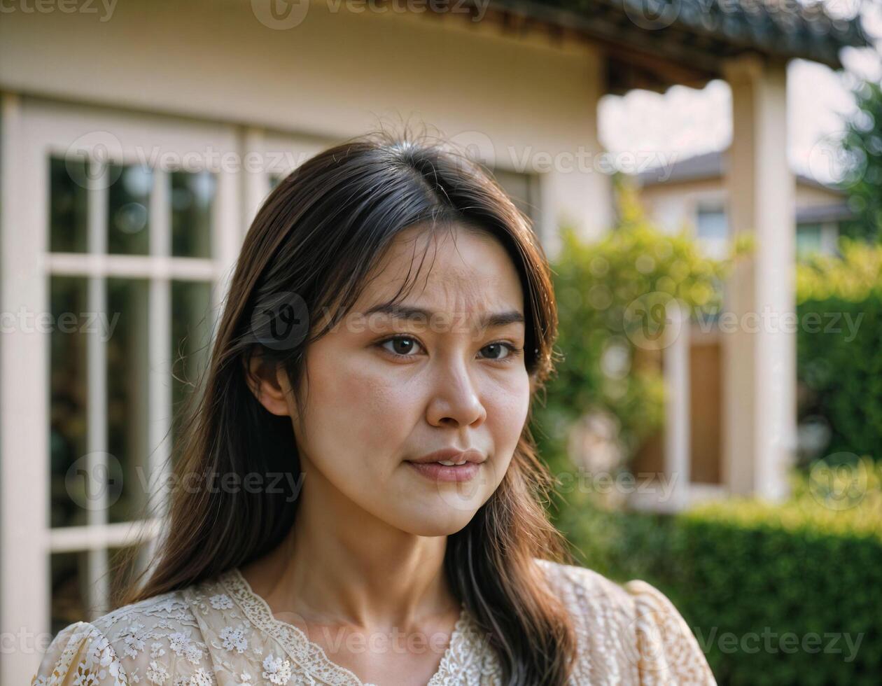 AI generated photo of beautiful asian woman as a wife with curious face feeling standing in front of her house, generative AI