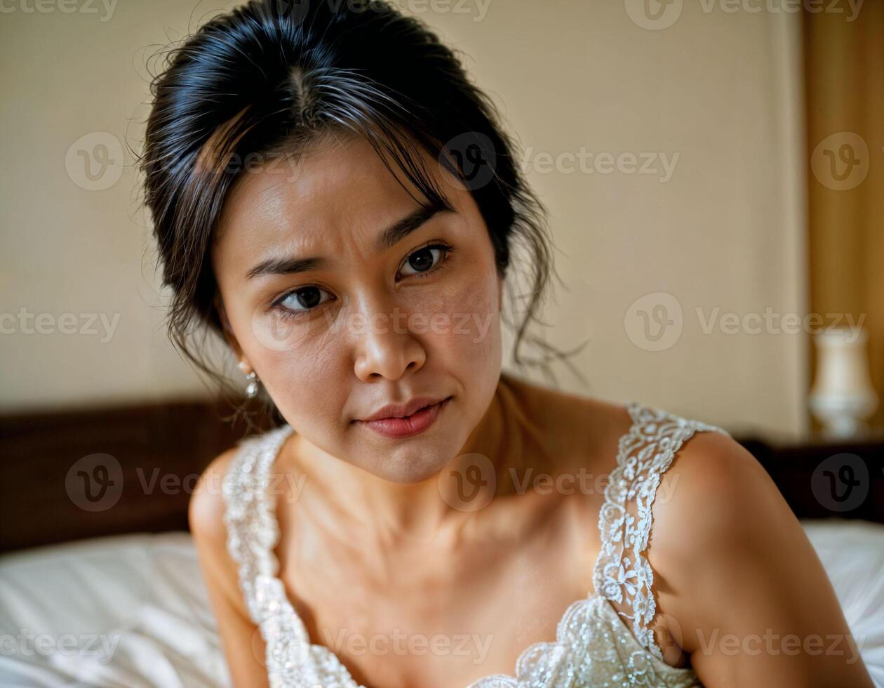 AI generated photo of beautiful asian woman as a wife with curious face feeling at bedroom, generative AI