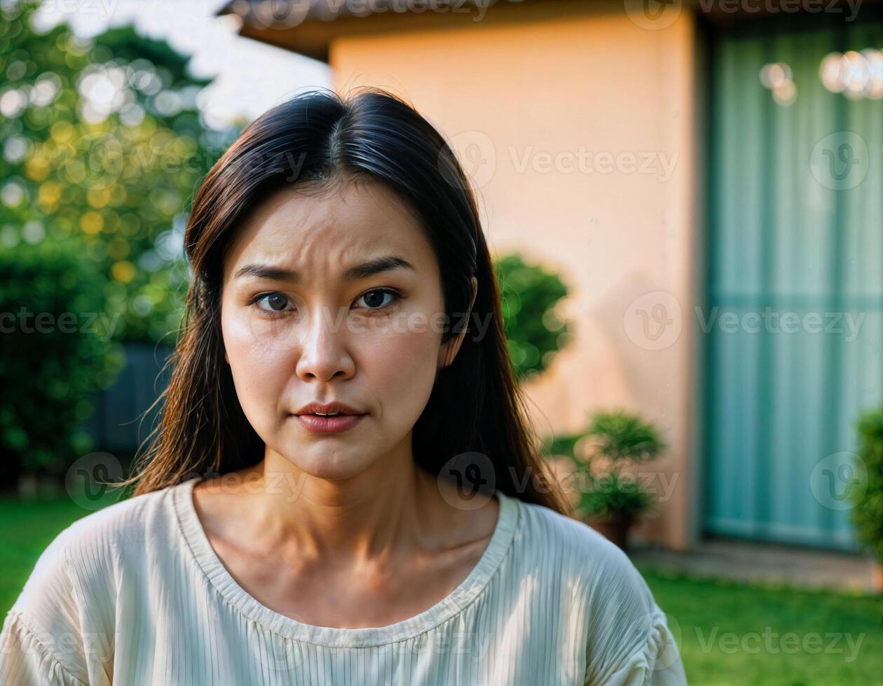 ai generado foto de hermosa asiático mujer como un esposa con curioso cara sensación en pie en frente de su casa, generativo ai