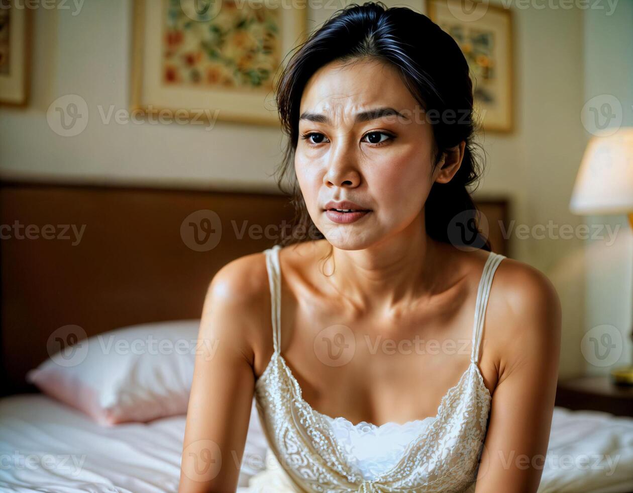 AI generated photo of beautiful asian woman as a wife with curious face feeling at bedroom, generative AI