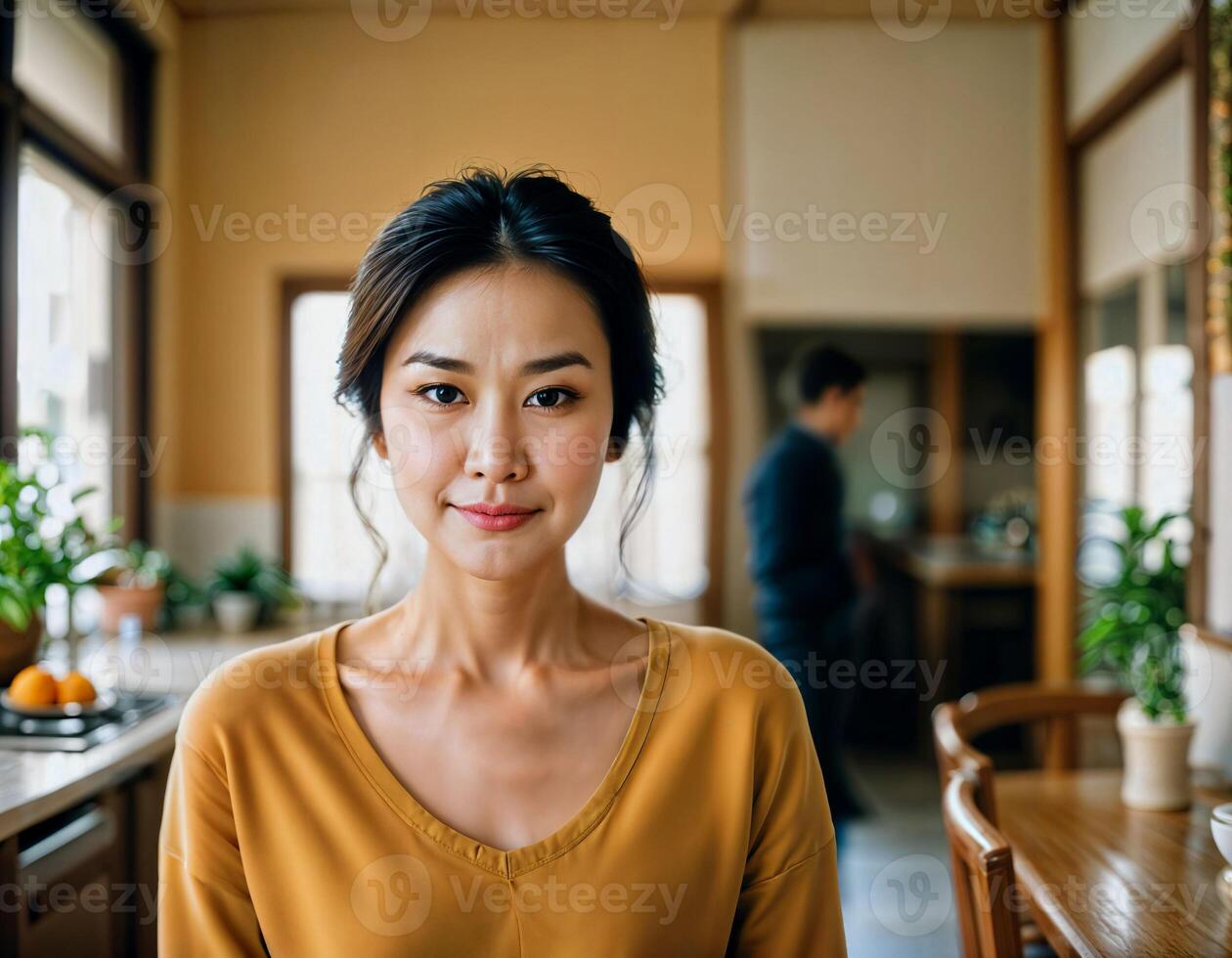 AI generated photo of beautiful asian woman as a happy wife at kitchenroom, generative AI