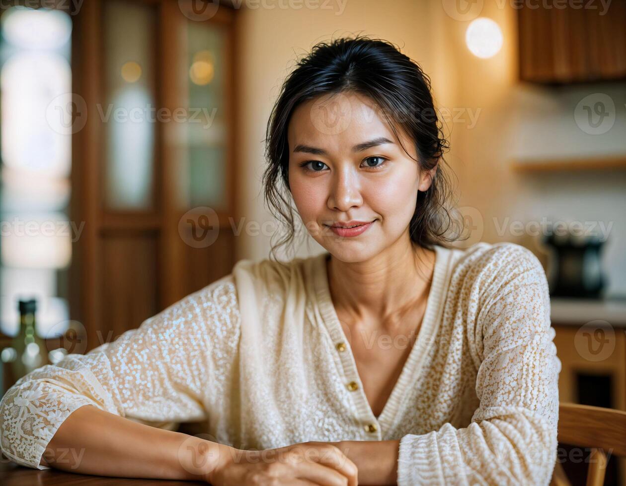 AI generated photo of beautiful asian woman as a happy wife at kitchenroom, generative AI
