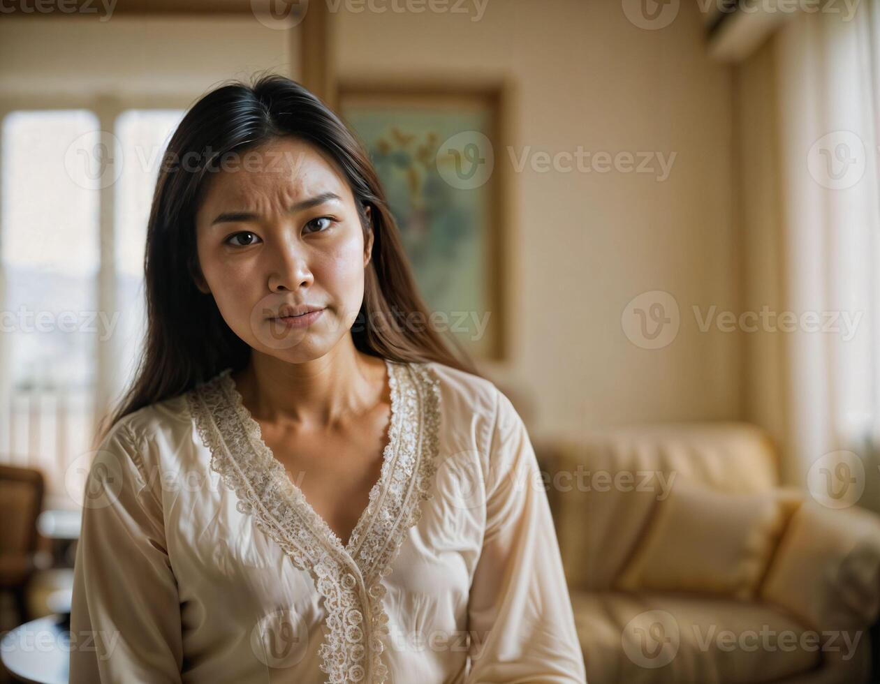 AI generated photo of beautiful asian woman as a wife with curious face feeling at inside her house, generative AI