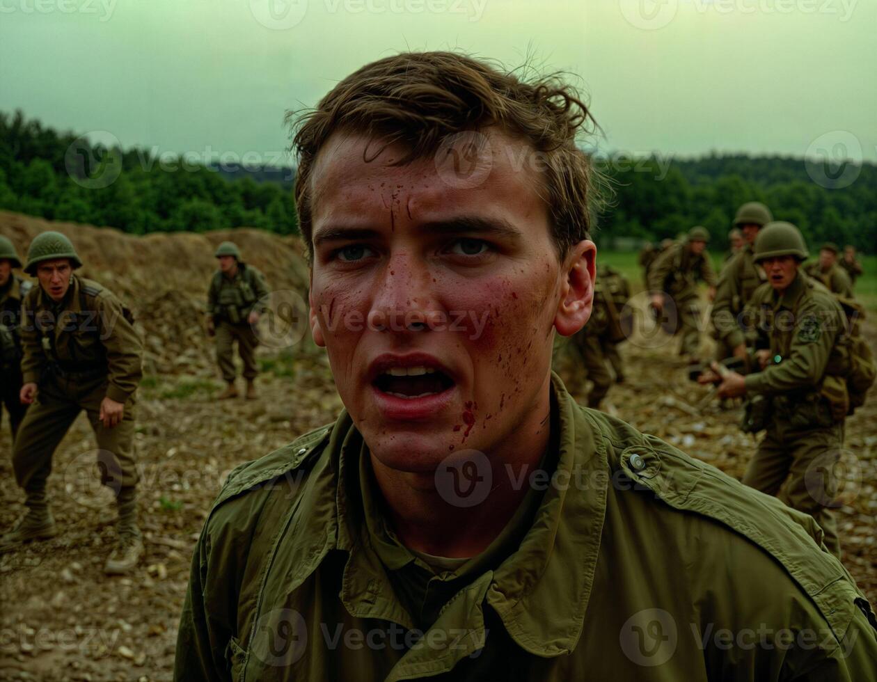 AI generated photo of intense soldier man in army outfit in serious dangerous war, generative AI