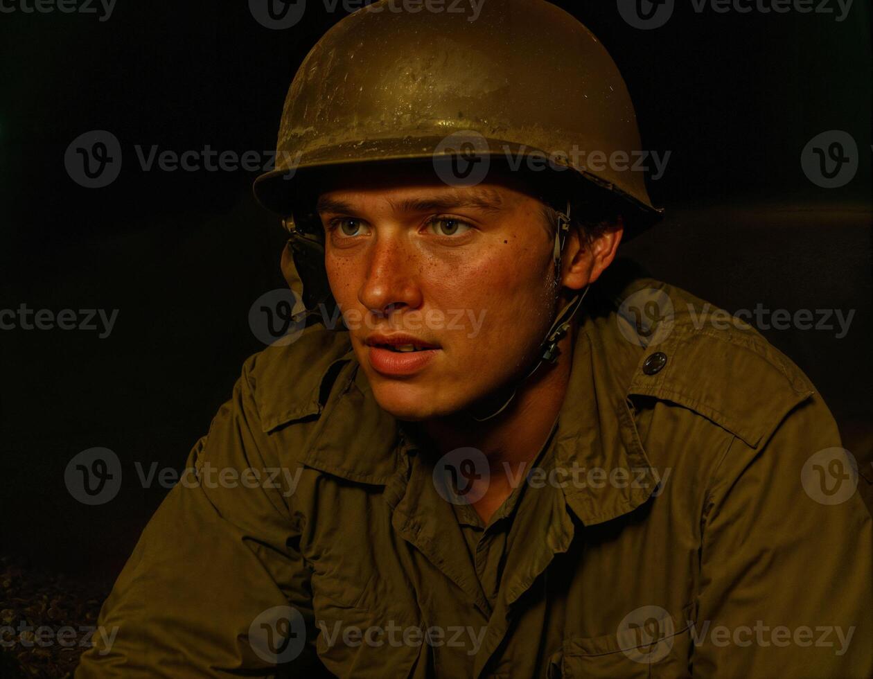 AI generated photo of intense soldier man in army outfit and helmet in serious dangerous war at night, generative AI