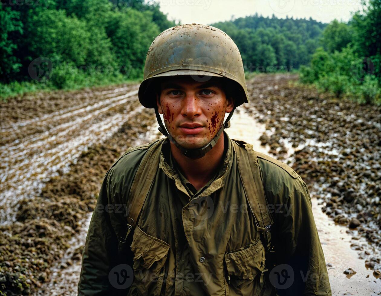 AI generated photo of intense soldier man in army outfit and helmet in serious dangerous war walking on field, generative AI