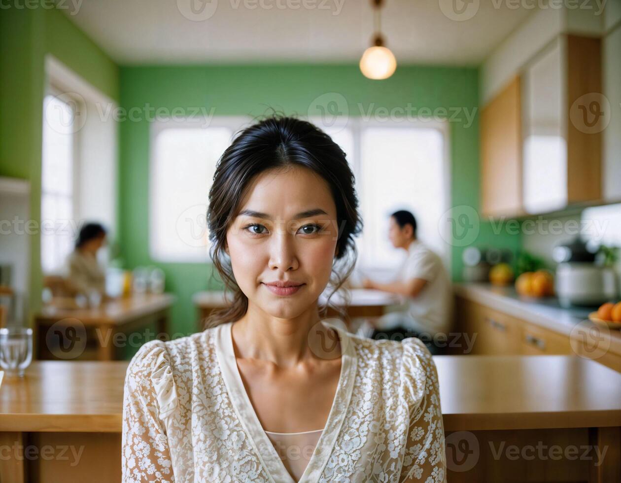 AI generated photo of beautiful asian woman as a happy wife at kitchenroom, generative AI