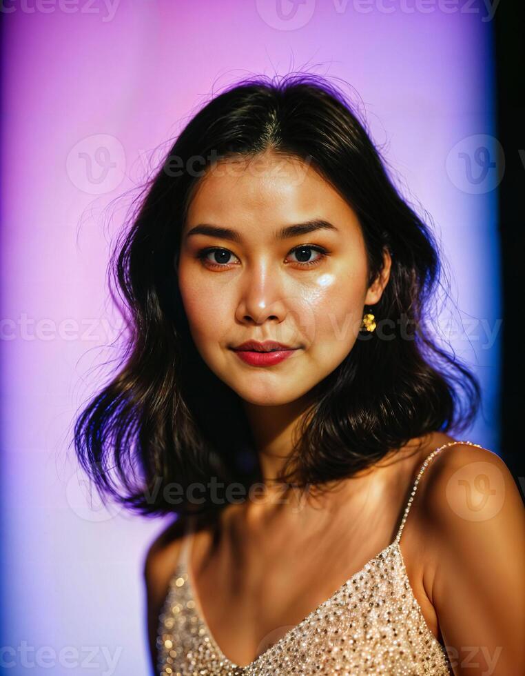 AI generated photo of beautiful asian woman standing at event show with light in background, generative AI