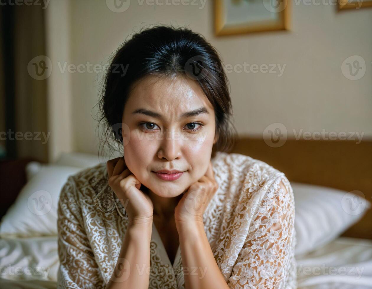 AI generated photo of beautiful asian woman as a wife with curious face feeling at bedroom, generative AI