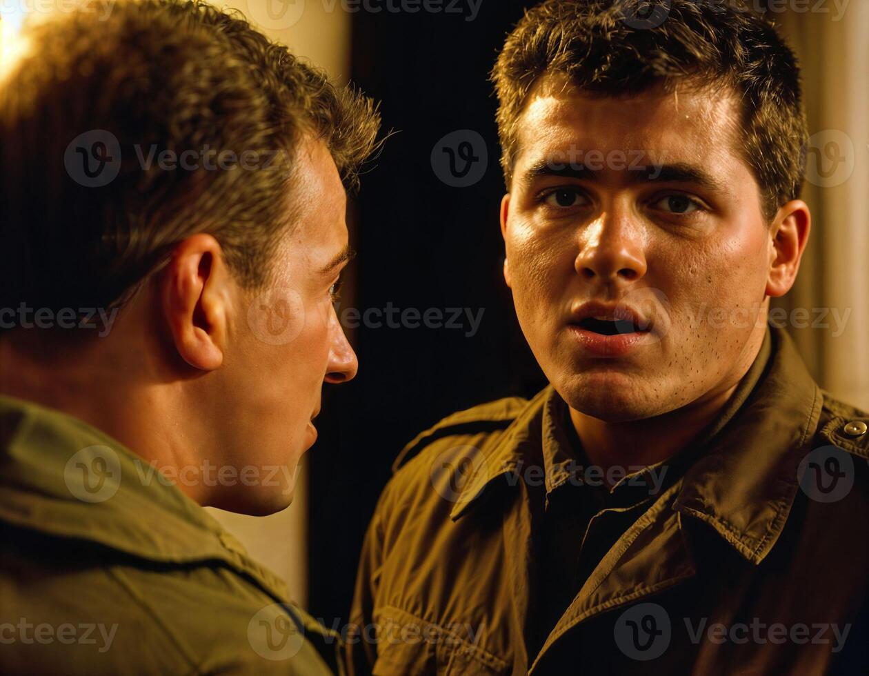 AI generated photo of intense soldier man in army outfit and helmet in serious dangerous war arguing with other, generative AI
