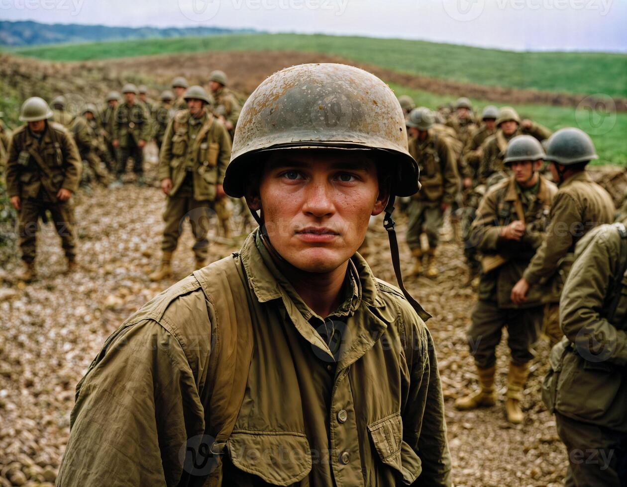 AI generated photo of intense soldier man in army outfit and helmet in serious dangerous war walking on field, generative AI