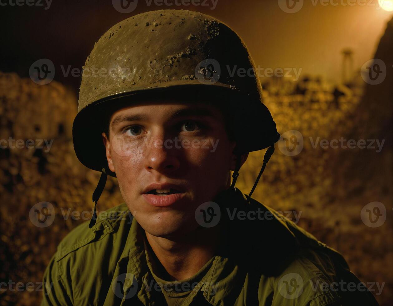 AI generated photo of intense soldier man in army outfit and helmet in serious dangerous war at night, generative AI