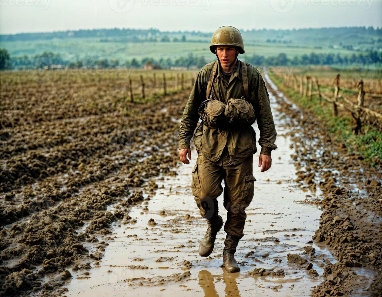 AI generated photo of intense soldier man in army outfit and helmet in serious dangerous war walking on field, generative AI