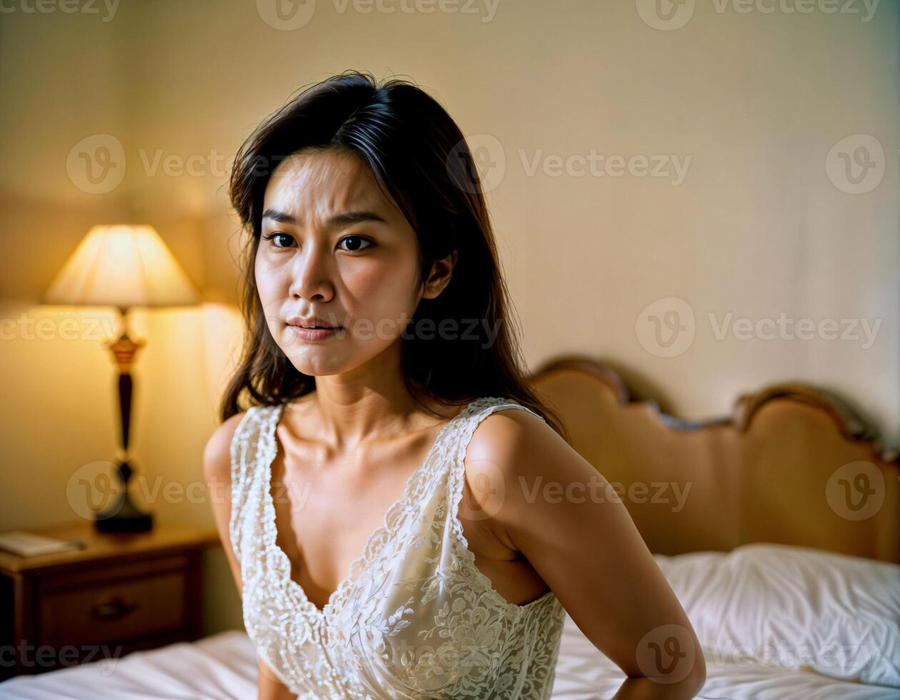 AI generated photo of beautiful asian woman as a wife with curious face feeling at bedroom, generative AI