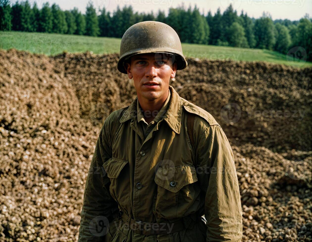 ai generado foto de intenso soldado hombre en Ejército atuendo y casco en grave peligroso guerra caminando en campo, generativo ai