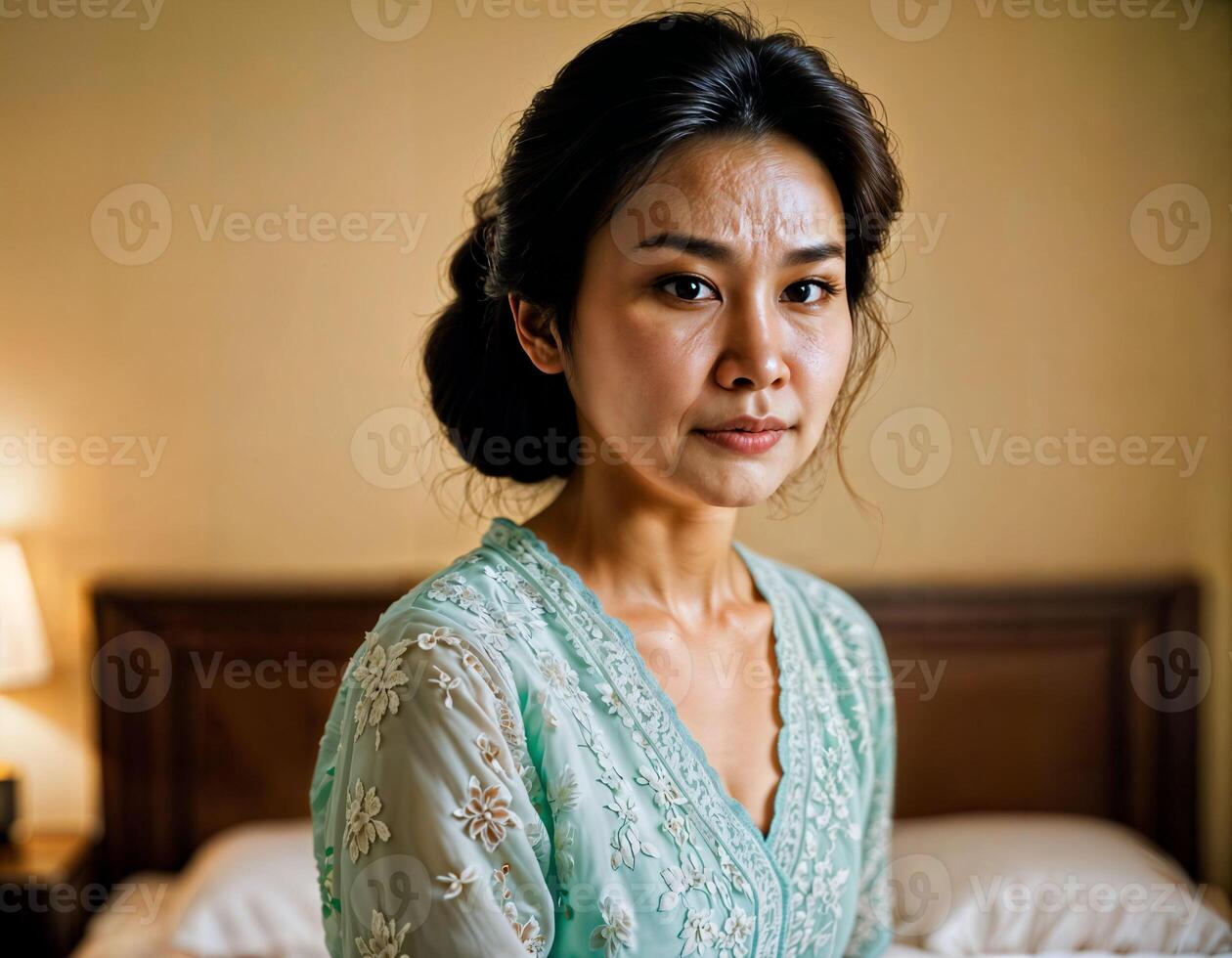 AI generated photo of beautiful asian woman as a wife with curious face feeling at bedroom, generative AI