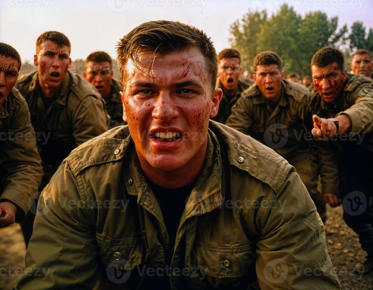 AI generated photo of intense soldier man in army outfit and helmet in serious dangerous war arguing with other, generative AI