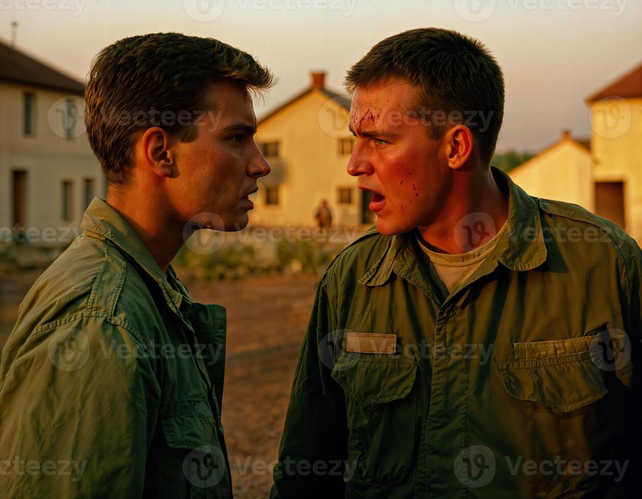 AI generated photo of intense soldier man in army outfit and helmet in serious dangerous war arguing with other, generative AI