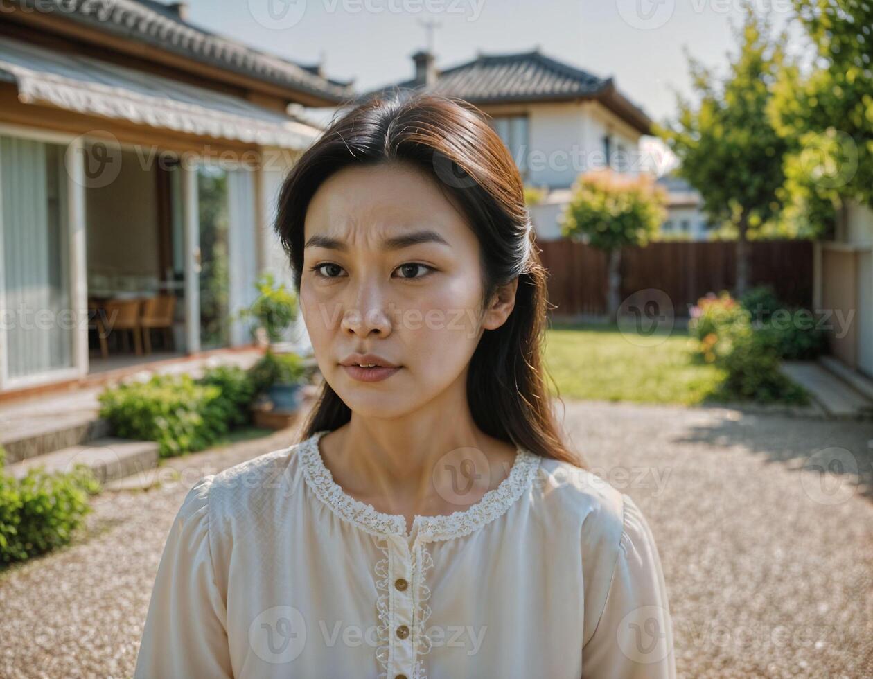 AI generated photo of beautiful asian woman as a wife with curious face feeling standing in front of her house, generative AI