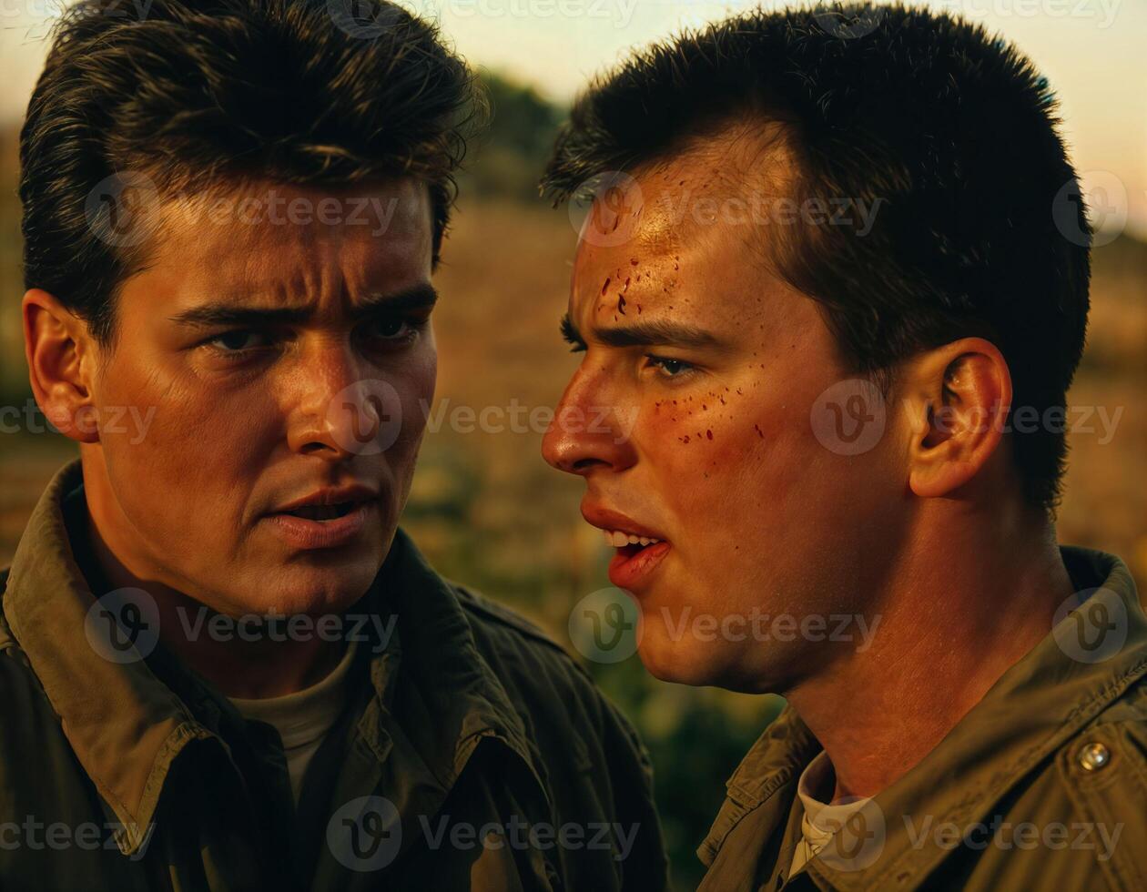 AI generated photo of intense soldier man in army outfit and helmet in serious dangerous war arguing with other, generative AI