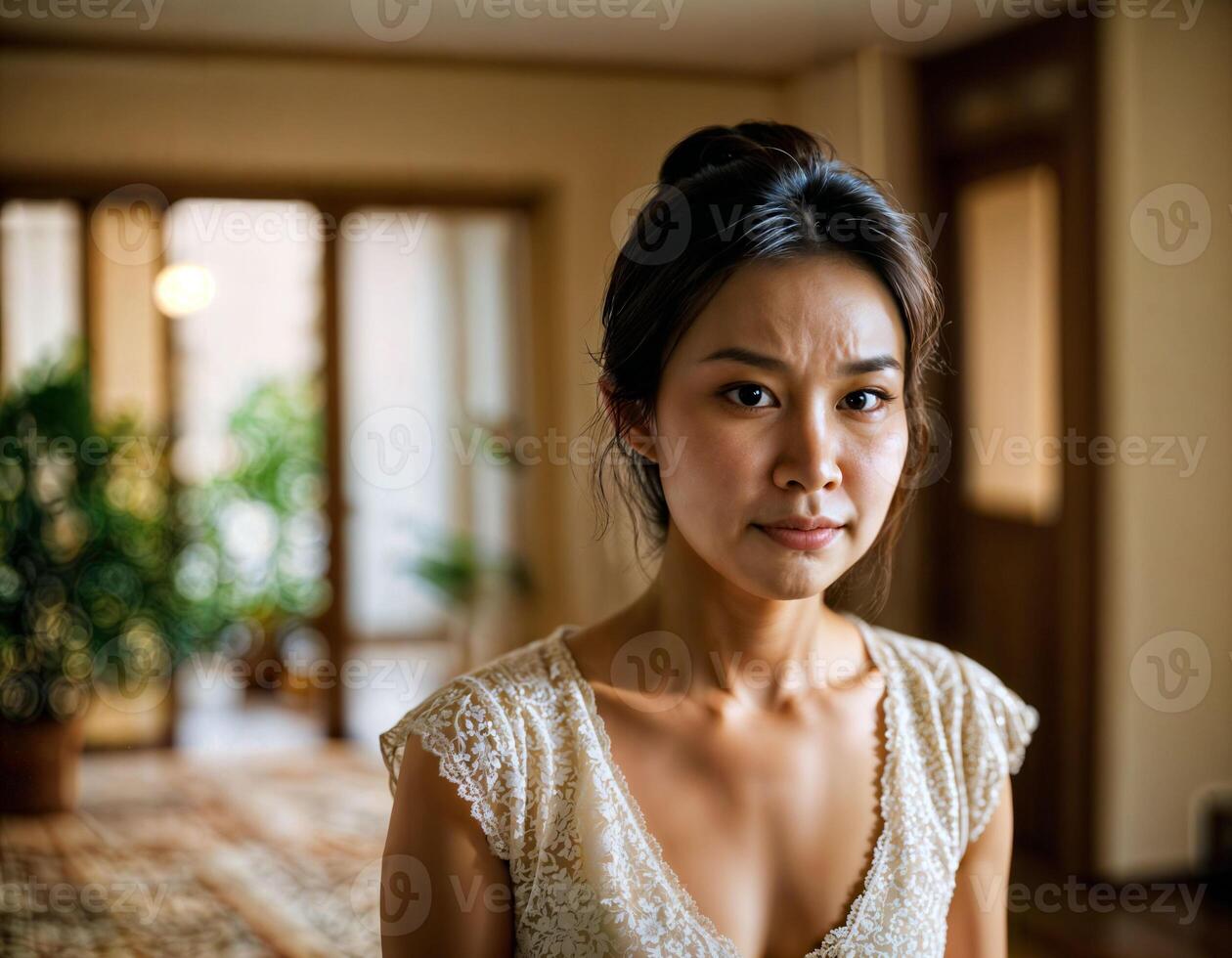 AI generated photo of beautiful asian woman as a wife with curious face feeling at inside her house, generative AI