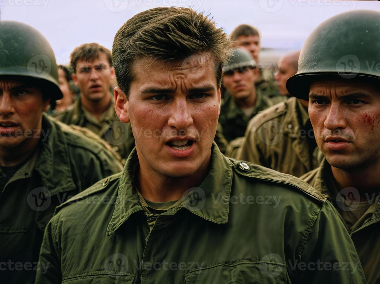 AI generated photo of intense soldier man in army outfit and helmet in serious dangerous war arguing with other, generative AI