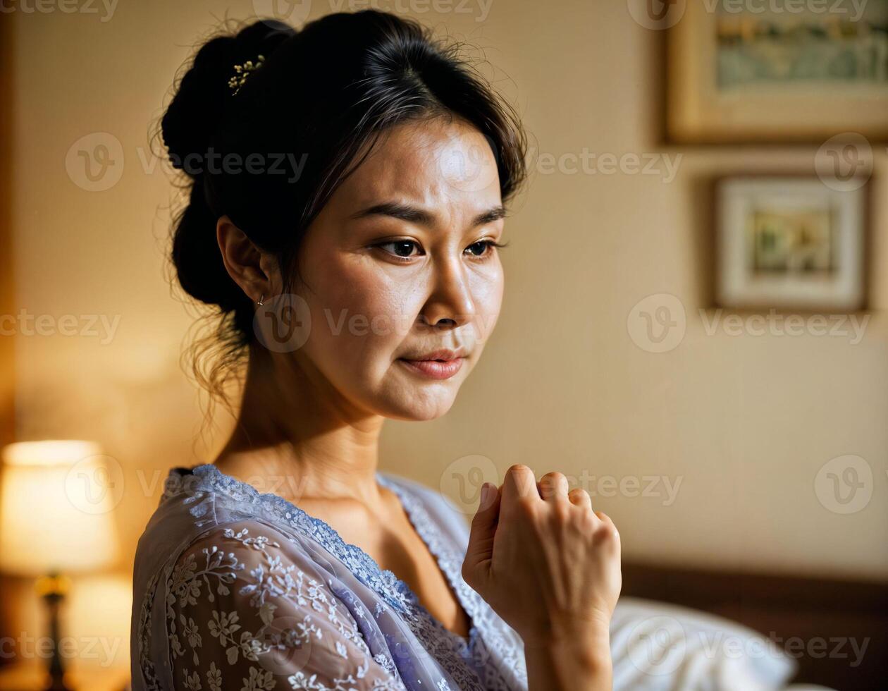 AI generated photo of beautiful asian woman as a wife with curious face feeling at bedroom, generative AI