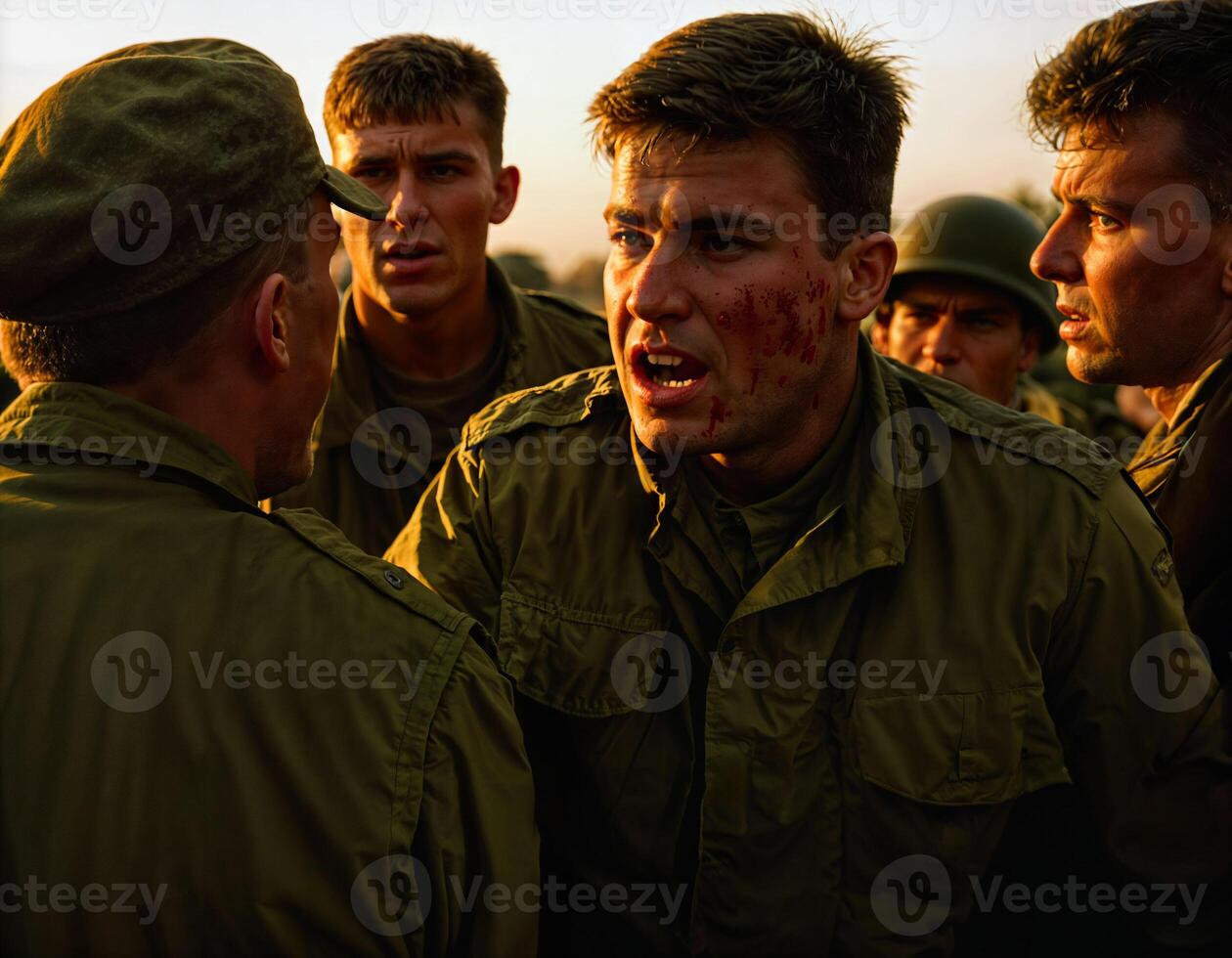 ai generado foto de intenso soldado hombre en Ejército atuendo y casco en grave peligroso guerra discutiendo con otro, generativo ai