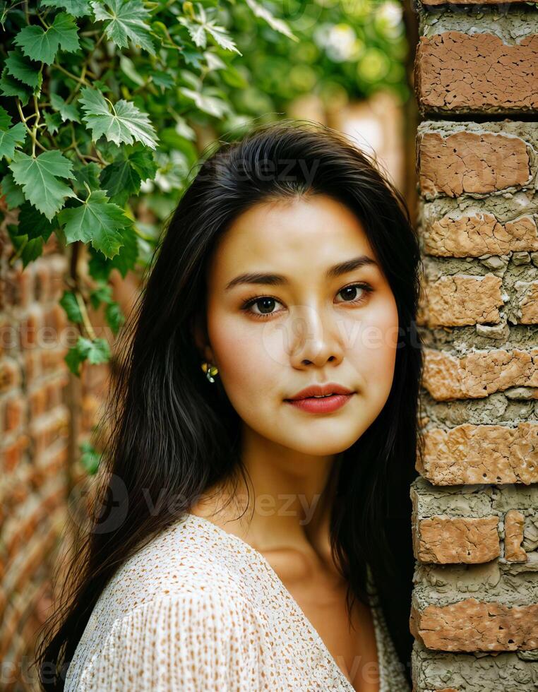 AI generated photo of beautiful asian woman standing at brick wall street, generative AI