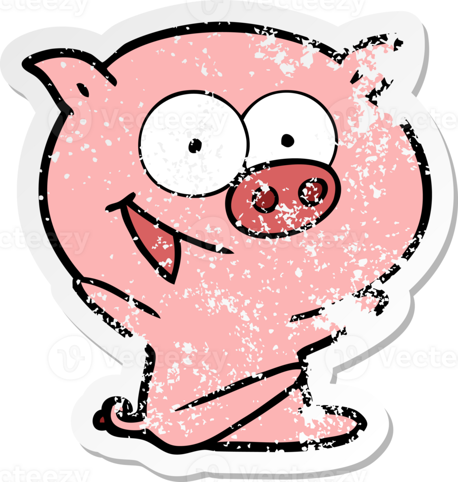 distressed sticker of a cheerful sitting pig cartoon png