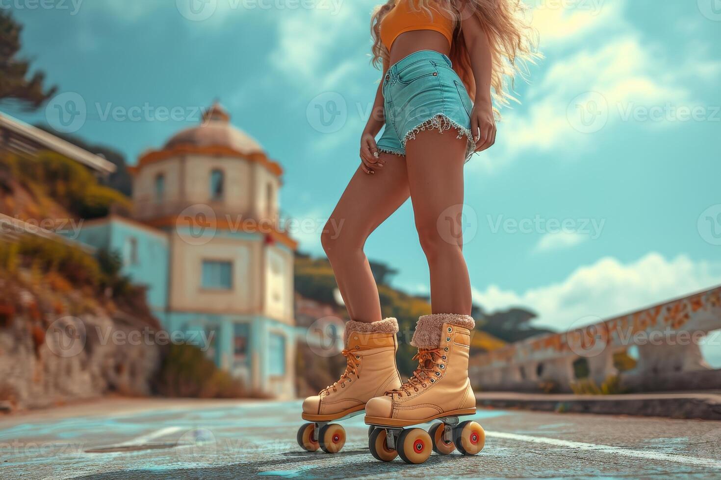 AI generated Beautiful long-legged girls pose on vintage roller skates in the park on a warm summer day photo