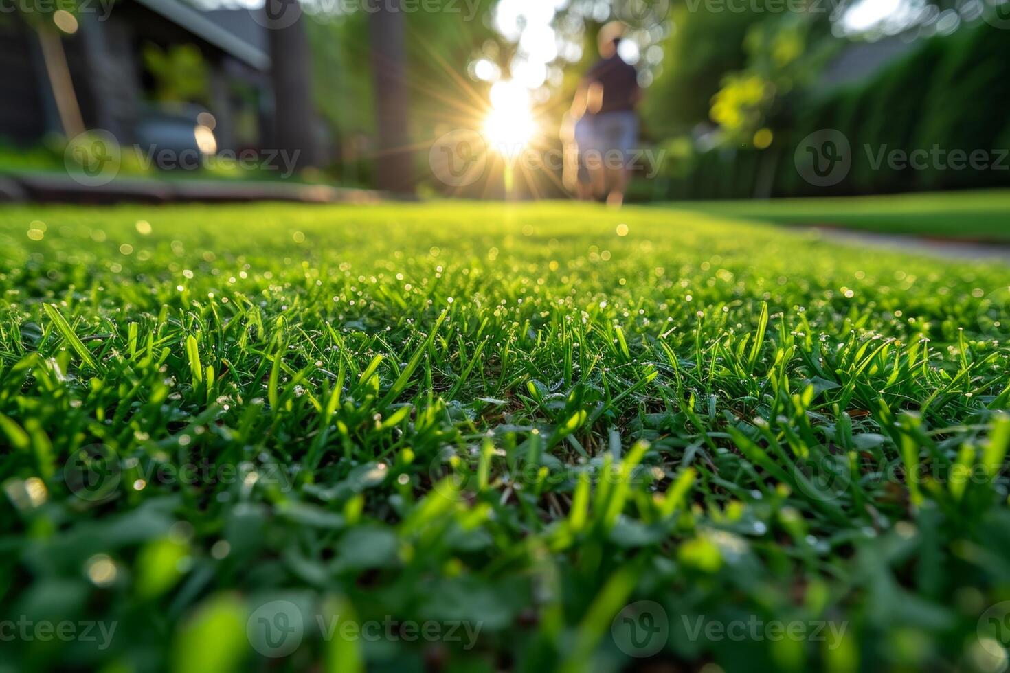 AI generated Green lawn near the house in the sunlight, beautiful summer background photo